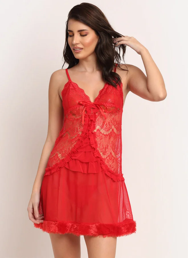 Laceandme Laceandme Red Solid Baby Doll with Briefs